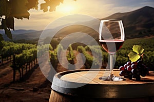 glass of red wine and bunch of grapes on barrel with vineyard on sunset as background