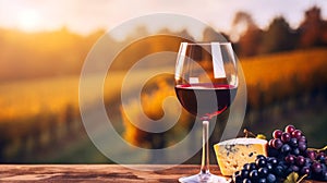 A glass of red wine with a bunch of grapes and cheese on a wooden table against the backdrop of a vineyard, copy space