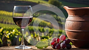 glass of red wine and a bunch of grapes next to a traditional handmade clay jug in a vineyard