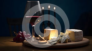 A glass of red wine with a cheese platter in the backgrou two generative AI photo