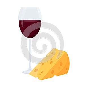 A glass of red wine with cheese. Vector illustration isolated