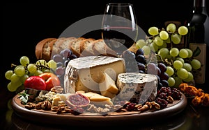 Wine, cheeses and grapes in a vintage setup. Created with Generative AI