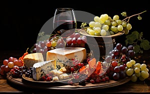 Wine, cheeses and grapes in a vintage setup. Created with Generative AI