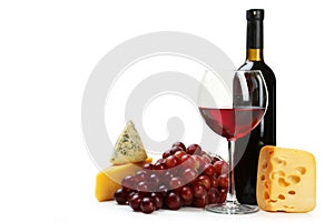 Glass of red wine, cheeses and grapes isolated on a white