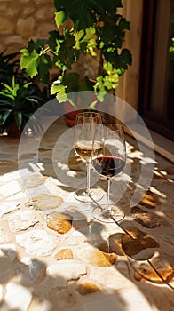 A glass of red wine and a glass of white wine stand in the shade on a light stone floor.