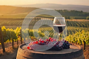 glass of red wine and grape on wooden barrel with vineyard