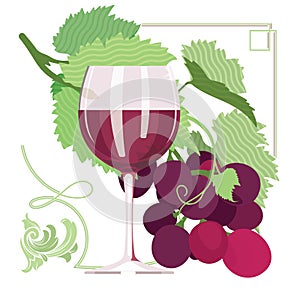 Glass of red wine, grapes, grape leaves