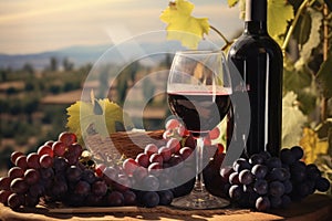 Glass of red wine with grapes on old wooden table