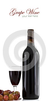 A glass of red wine and grapes on white background