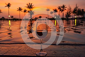 Glass of red wine on luxury resort at sunset