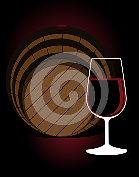 Glass or red wine with an oak cask