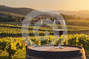 glass of red wine on old wooden barrel with vineyard on sunset