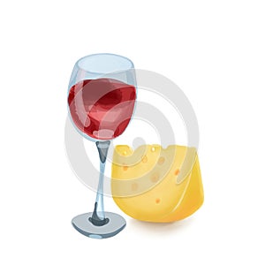 Glass of red  wine and piece of cheese