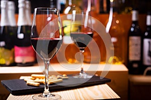 Glass of red wine prepared for tasting in a Europe winery