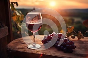 A glass of red wine and purple grapes on a wooden table with a view of the vineyard at sunset.