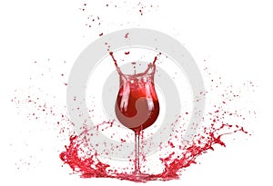 Glass with red wine, red wine splash, wine pouring on table isolated on white background, big splash around