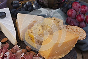 A glass of red wine and a snack. Different Italian cheese and prosciutto, appetizers for a party and red wine. Copy space