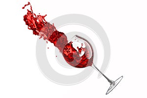 Glass with red wine and splashes of fluid isolated on white background.