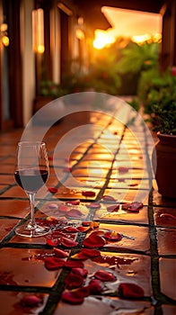 A glass of red wine stands on the tiled floor, rose petals are scattered, a terrace in the setting sun.