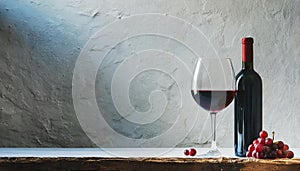 Glass of red wine on table against white painted wall. Delicious drink. Tasty alcohol beverage