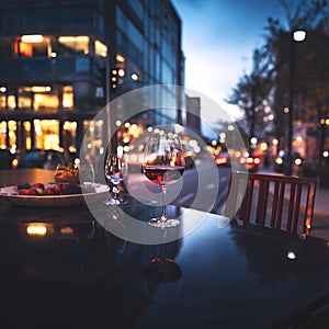 glass of red wine on table in street cafe at evening on city blurred car traffic light