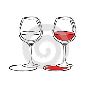 A glass of red wine. Two views of the image of color and black and white. Contour object. Wineglass hand draw. Restaurant