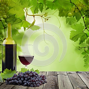 Glass of red wine on wooden background with green grapevine