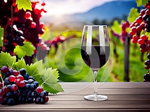 A glass of red wine on a wooden surface on a wineyeard background