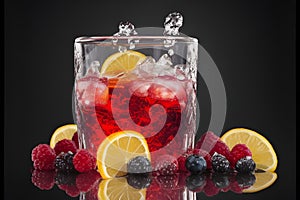 A glass of a refreshing cocktail, featuring raspberries and citrus fruits in an icy cold drink on a black background