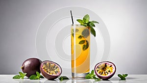 Glass with refreshing cocktail with passion fruit and mint isolated on light gray background.Maracuja juice.