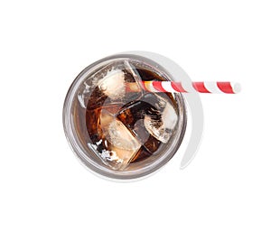 Glass of refreshing cola with ice on white background