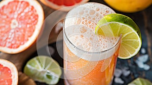 A glass of refreshing grapefruit juice topped with a lime slice, surrounded by whole grapefruits and limes on a dark wooden