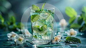 Glass of refreshing mint drink with ice cubes and white flowers
