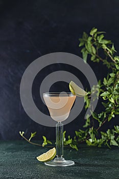 Glass of refreshing Pegu Club cocktail served on dark green table surface