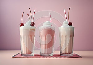 glass retro beverage cream pink drink ice sweet cocktail milkshake. Generative AI.