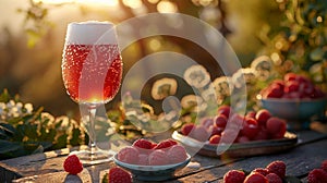 Glass of rich raspberry beer and fresh raspberries on wooden veranda table at sunset. AI Generated