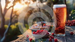 Glass of rich raspberry beer and fresh raspberries on wooden veranda table at sunset. AI Generated