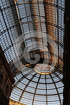 The glass roof of the dome of the pavilion with metal frames in the gallery in Milan, Italy