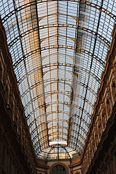 The glass roof of the dome of the pavilion with metal frames in the gallery in Milan, Italy