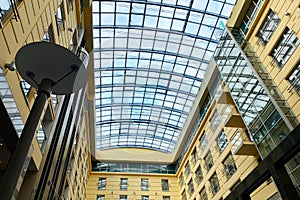 Glass roof in a modern building, roof in a shopping mall