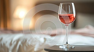 A glass of rose wine captures the tranquil essence of a bedroom bathed in the soft, warm glow of the evening light