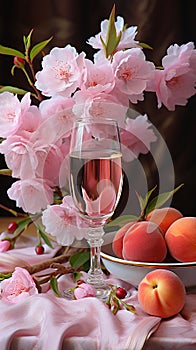 A glass of rose wine. Still Life with white and pink peonies, rose wine against a blurred background in the garden