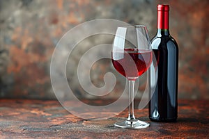 A Glass of Ruby Red Wine, Reflecting Moments of Pleasure Beside Its Elegant Bottle