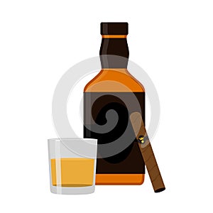 Glass of rum, cigar, whiskey. Premium alcohol, tobacco. Flat sty