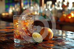 A glass of a rum (scotch or whiskey) with ice on the bar next to a lemon