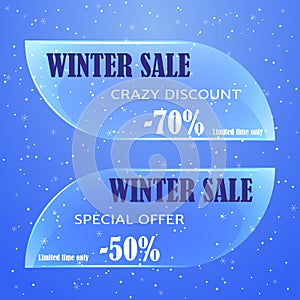 Glass sale tag, badges, labels or banner for Christmas on blue background.