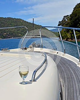 Glass of Sauvignon Blanc Wine on Luxury Motor Boat