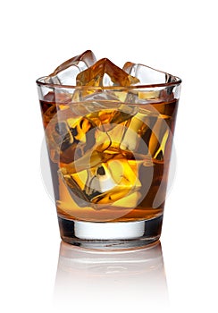 Glass of scotch whiskey and ice