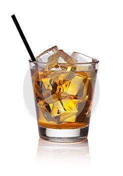 Glass of scotch whiskey and ice