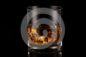 Glass of scotch whiskey and ice on black background